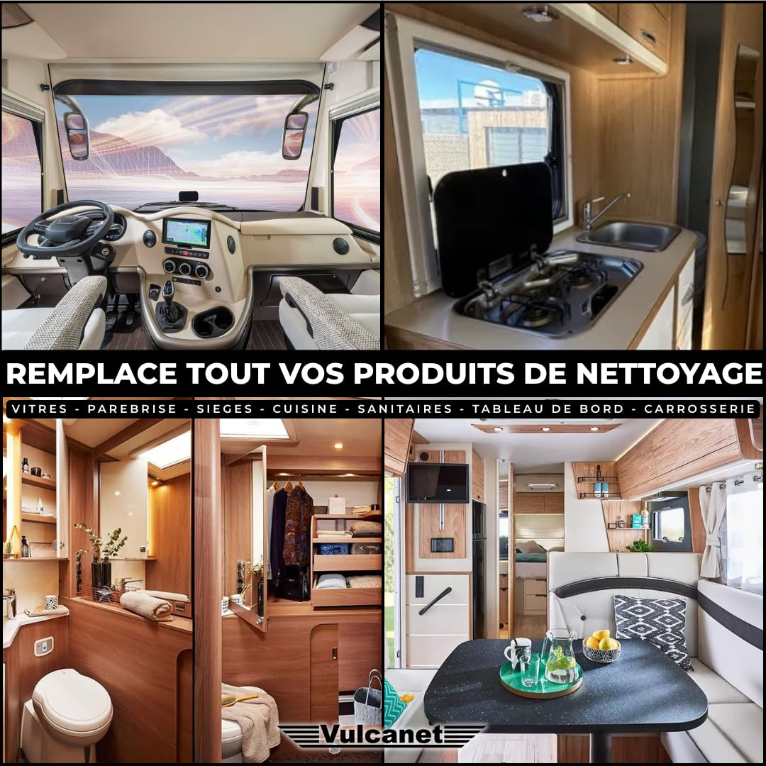 VULCANET NETTOYANT CAMION CAMPING-CAR – 80 Textiles + Microfibre + Pinceau Précision + Pochette de Transport, Formule 100% française, Nettoie, Dégraisse, Protège - Mat/Brillant, Int/Ext, Sans Eau