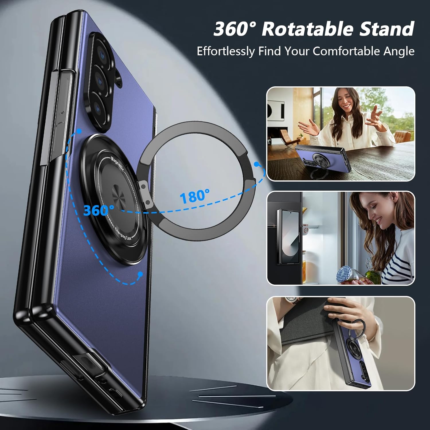 for Samsung Galaxy Z Fold 6 Case with Screen Protector & Hinge Protection and Ring Metal Kickstand, Heavy Duty Military Grade Drop Resistant Phone Case for Galaxy Z Fold 6(Blue)