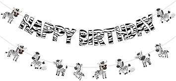 Zebra Birthday Banners, Zebra Birthday Party Decorations for Boys Girls, Jungle Safari Themed Photography Background, Zoo Animal Party Supplies Pre-strung