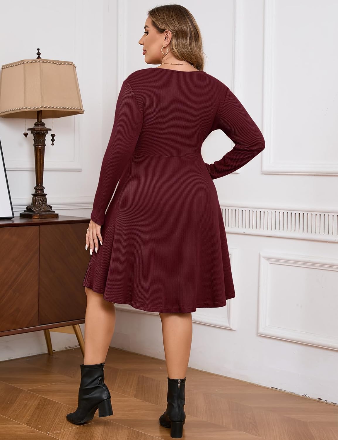 ZOMVA Plus Size Sweater Dress V Neck A-line Knee Length Dress Fall Winter Casual Ribbed Knit Long Sleeves - Image 5