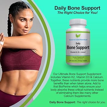 Daily Bone Support: Calcium Supplement with Vitamin D3, K2 - Supplement for Bones Ideal for Older Adults, Postmenopausal Women, Athletes - 60 Vegetarian Capsules