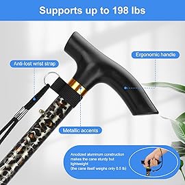 supregear Folding Cane, 5-Level Adjustable Height Walking Stick Lightweight Collapsible Portable Travel Cane with Wrist Strap and T Handle for Elderly Disabled Men Women, Leopard