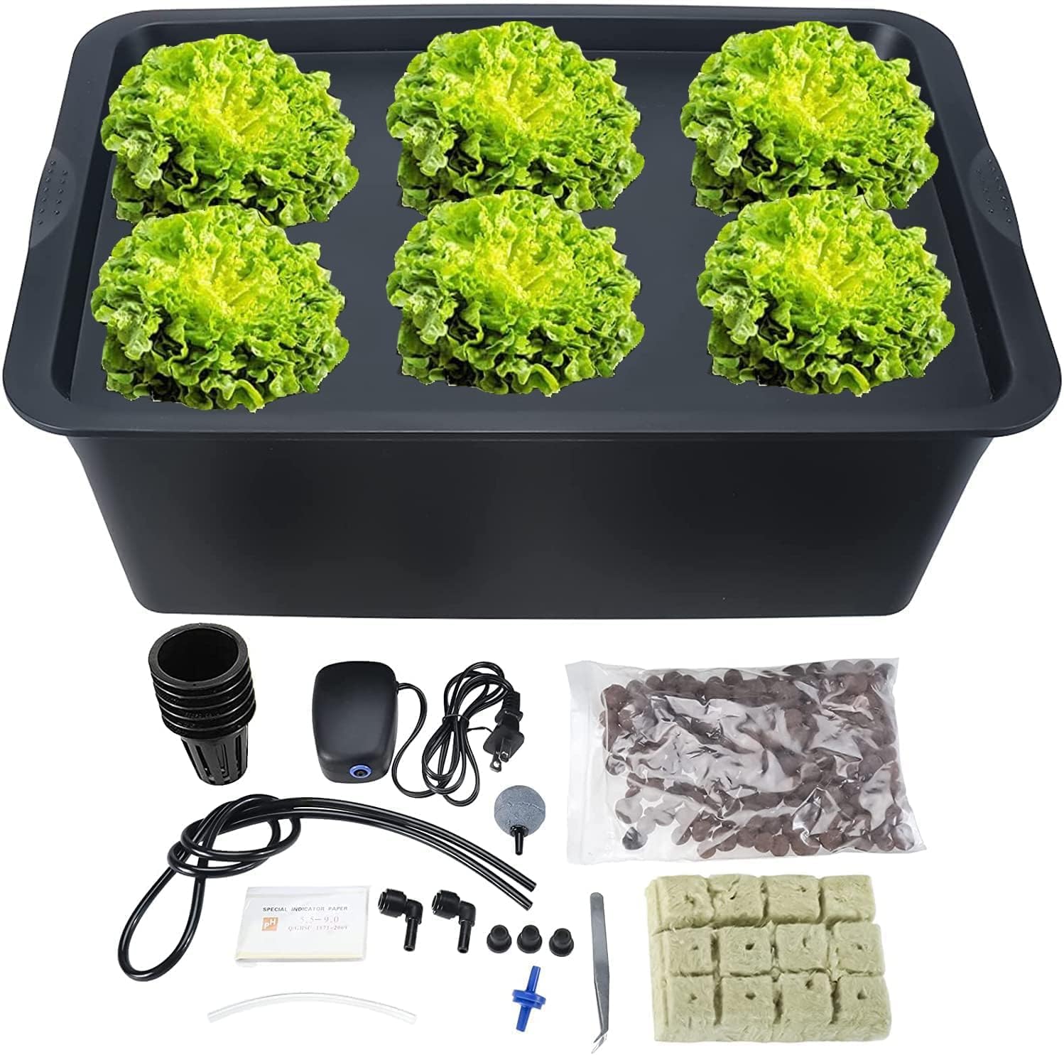HighFree Deep Water Culture Hydroponic System Growing Kit Large - Indoor Lettuce Growing System - Starter Hydro Kit with Air Pump for Greens/Lettuce/Herb/Mint/Parsley, Black (6 Plant Sites)
