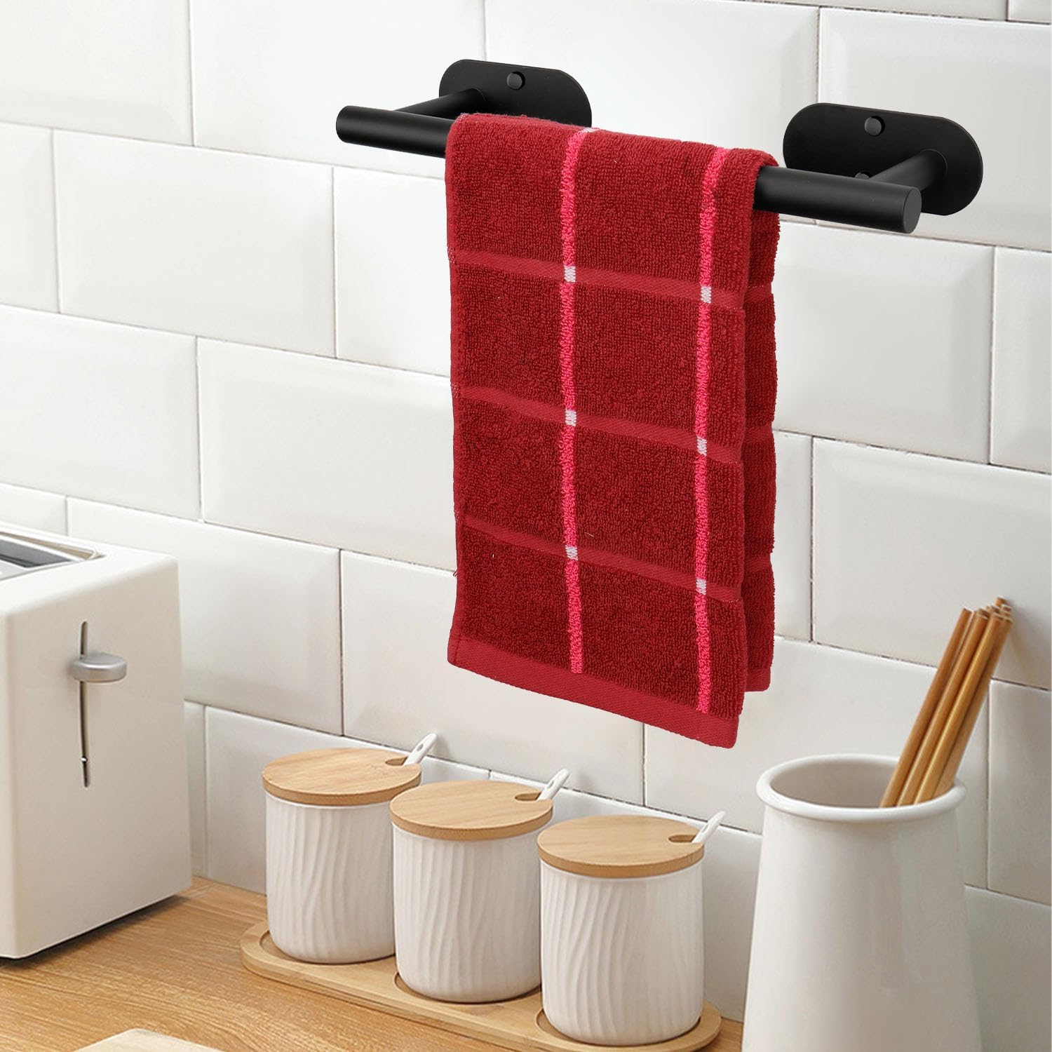 TocTen Self Adhesive Bathroom Towel Bar, Stick Towel Rack for Bathroom, Rustproof Stainless Steel Bath Towel Holder No Damage, Easy to Install Drill Free Towel Rod for Bathroom (Matte Black, 12 Inch) image 4