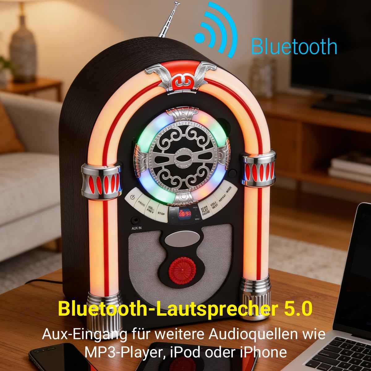 Retro Jukebox Musikbox mit CD-Spieler, Musikanlage Nostalgie Design, Bluetooth, Vintage FM/UKW Radio Wireless für Zuhause, Aux-In Port und Farbwechsel LED Lichter (Braun)