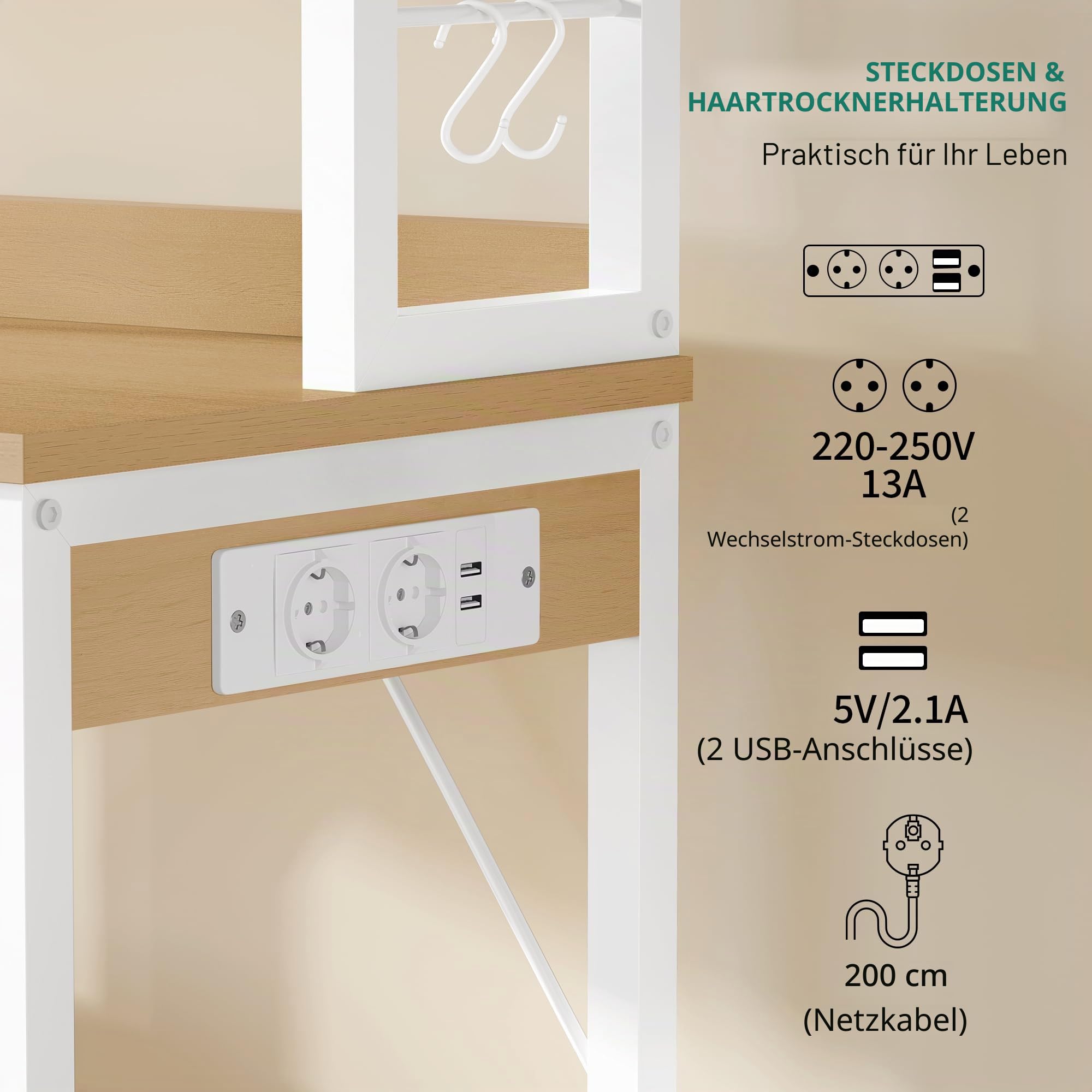 YITAHOME Küchenregal mit Steckdose, 2 AC-Steckdosen, 2 USB-Anschlüssen, Kaffeebar, Bäckerregal mit 2 Schubladen und 4 Haken, Mikrowellenregal, für Backofen, 80 x 39,9 x 167,6 cm, Eiche und Weiß