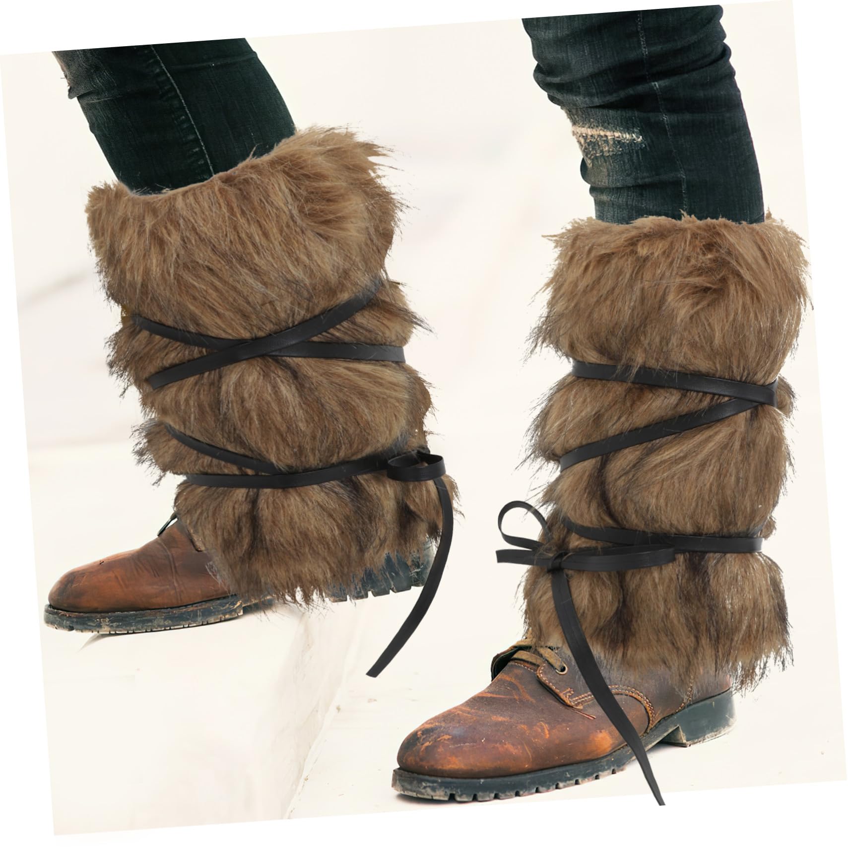 POPETPOP Guêtres Viking Fausse Fourrure Avec Sangles Élastiques – Couvre-Bottes Chauds pour Cosplay Médiéval et Halloween – Ajustables pour Hommes et Femmes