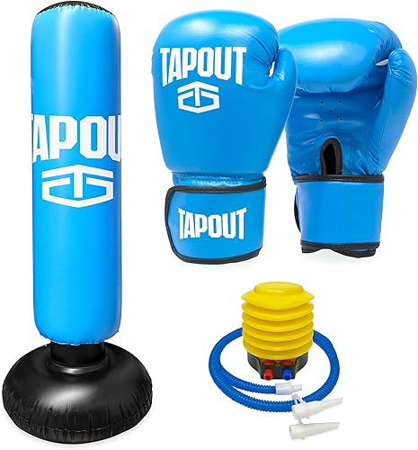 TAPOUT Kit de boxeo azul para niños: guantes de 8 onzas, saco de boxeo inflable con bomba, bolsa de transporte de malla incluida