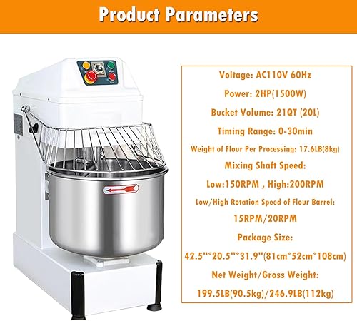 Miniatura 2 de INTSUPERMAI Mezclador de pie comercial de 21Qt Mezclador de masa 20L Máquina de amasado de masa Mezclador espiral de pan Doble velocidad Doble