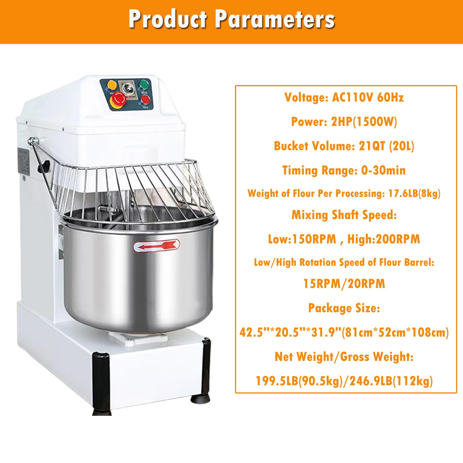 INTSUPERMAI 22QT Commercial Food Mixer Dough Kneading Machine Double Action Dough Speed Food Dough Mixer with Stainless Steel Scraper Baking Equipment 110V