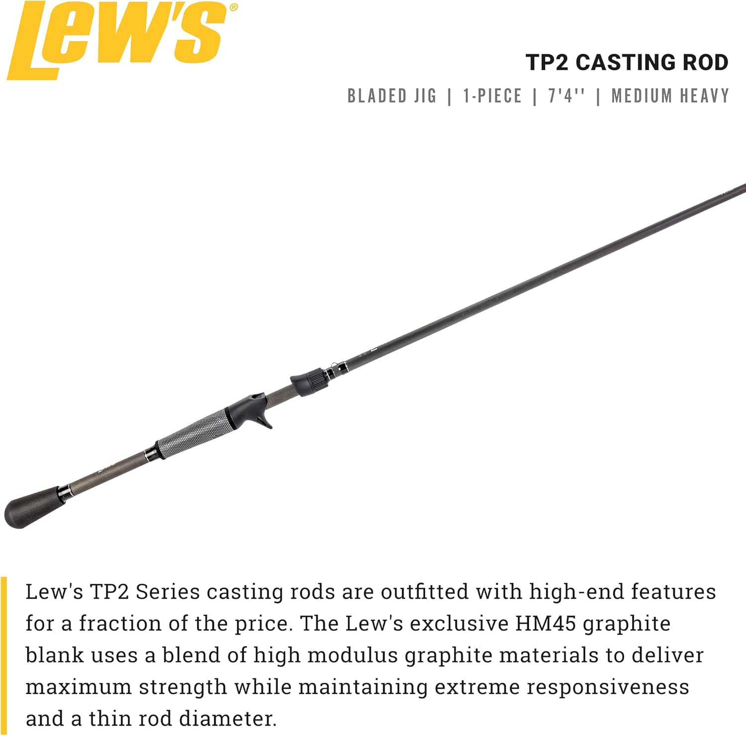 Lew’s TP2 Casting Fishing Rod, Carolina/Alabama Rig Model, 7-Foot 5-Inch 1-Piece HM45 Graphite Rod, Med-Heavy Power Fast Action, Winn Dri-Tac Split-Grip