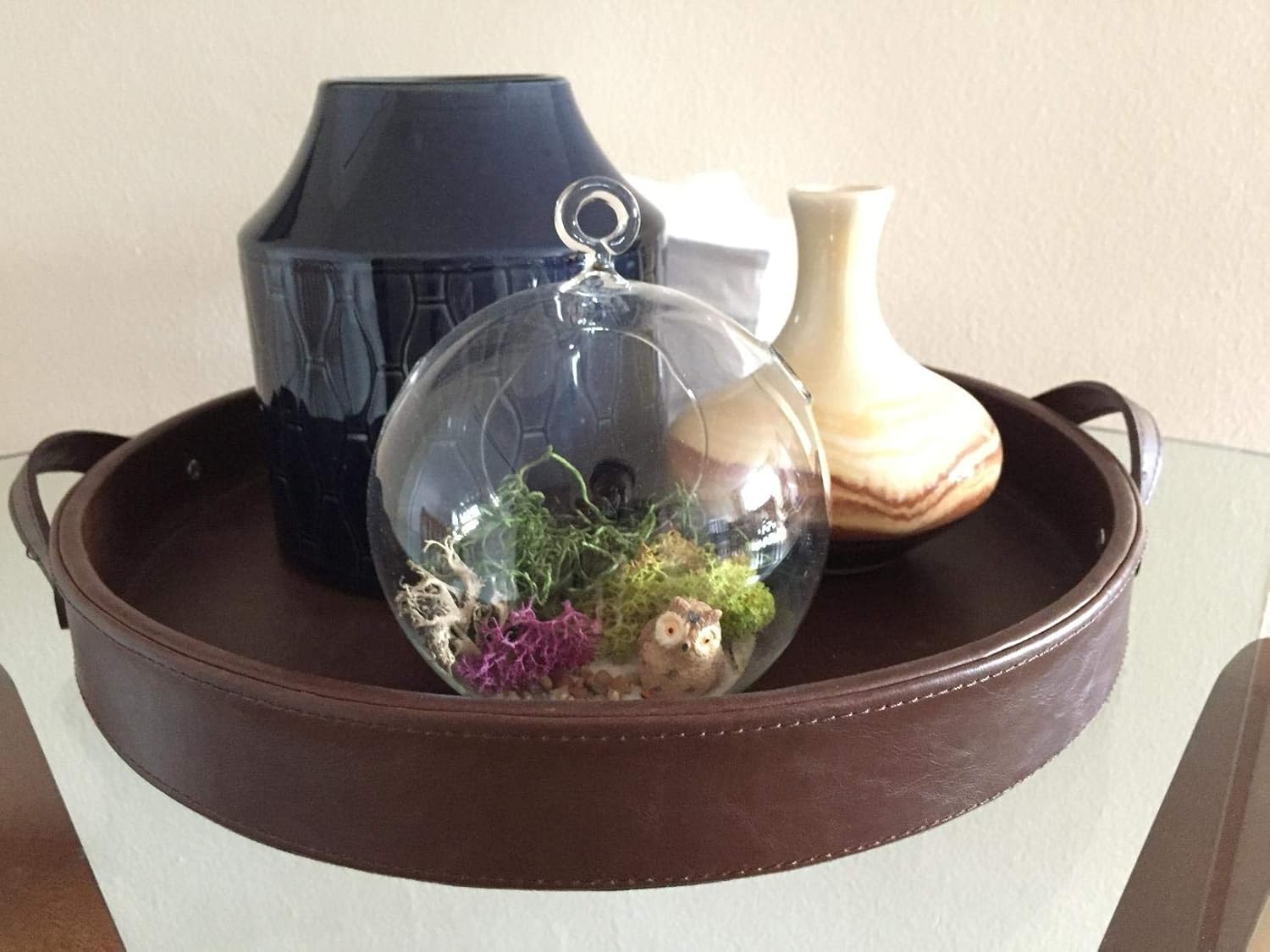 HofferRuffer Top Nocth PU Leather Round Serving Tray, Decorative Serving Tray with Handles, Coffee Tray, Ottoman Tray for Home Or Office, Diameter 14.6-inch, Brown - Image 5