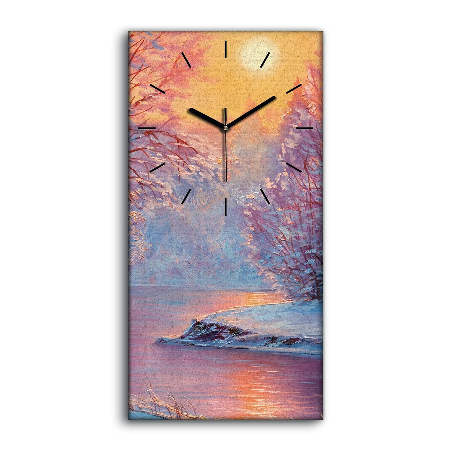 Horloge sur toile décoration salon chambre moderne paysage hiver arbres soleil 30x60