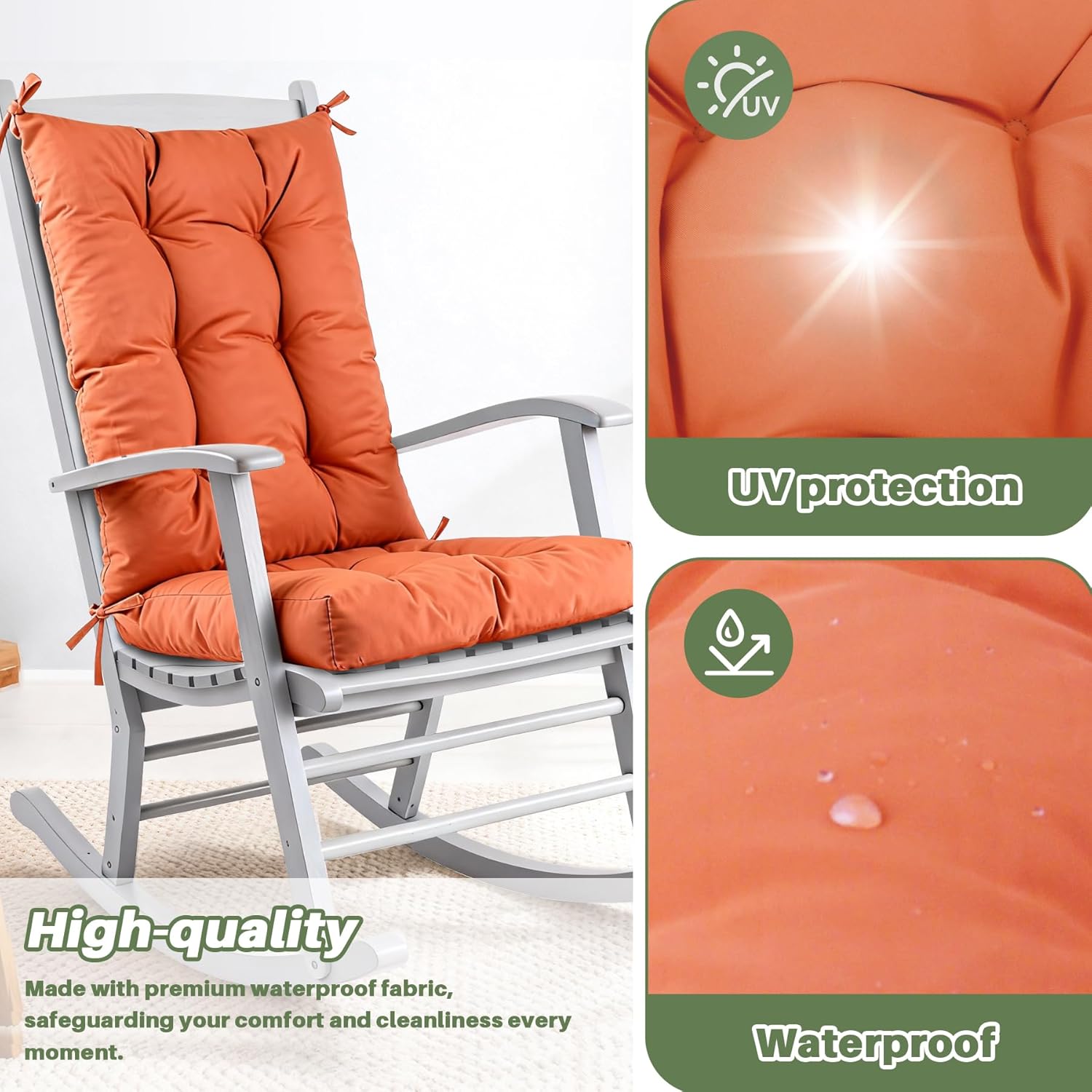 Rocking Chair Cushion with Ties Non-Slip Outdoor Rocking Chair Cushion Set Waterproof Fade-Resistant Porch Garden Patio Glider Rocker Cushions