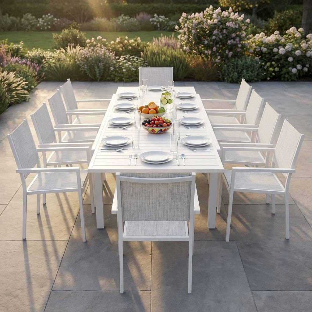 MilaniHome.it - Set Tavolo Giardino Rettangolare Allungabile 200/300x100 con 10 Poltrone in Alluminio Bianco da Esterno Giardinodi coloreBianco