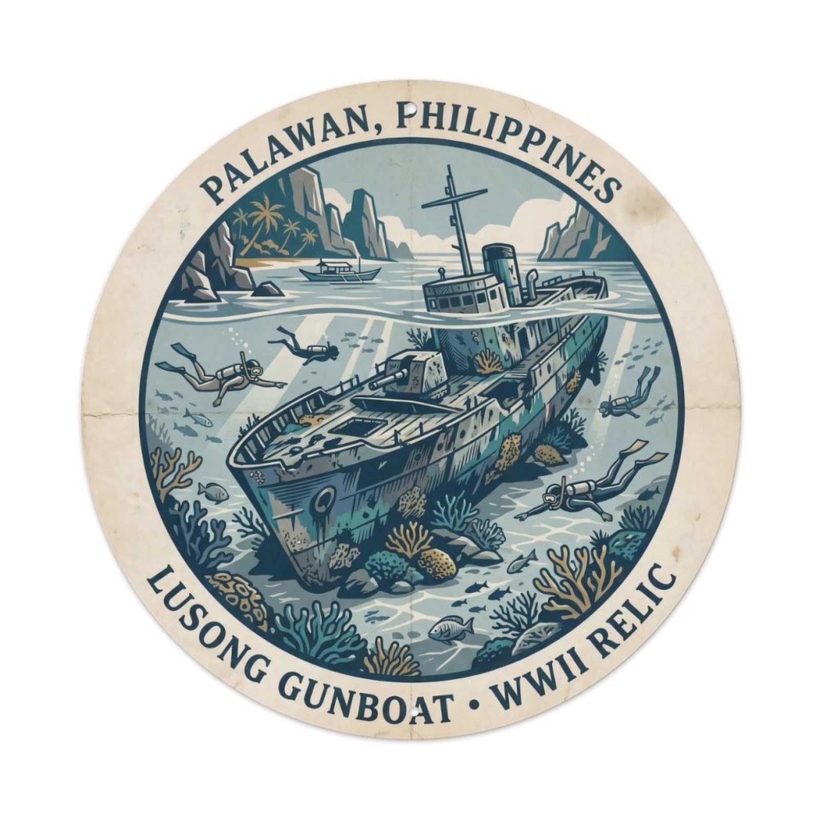Odgynaw 8X8inch(20X20cm) Palawan Lusong Gunboat Wreck Shipwreck Diving Metal Tin Sign