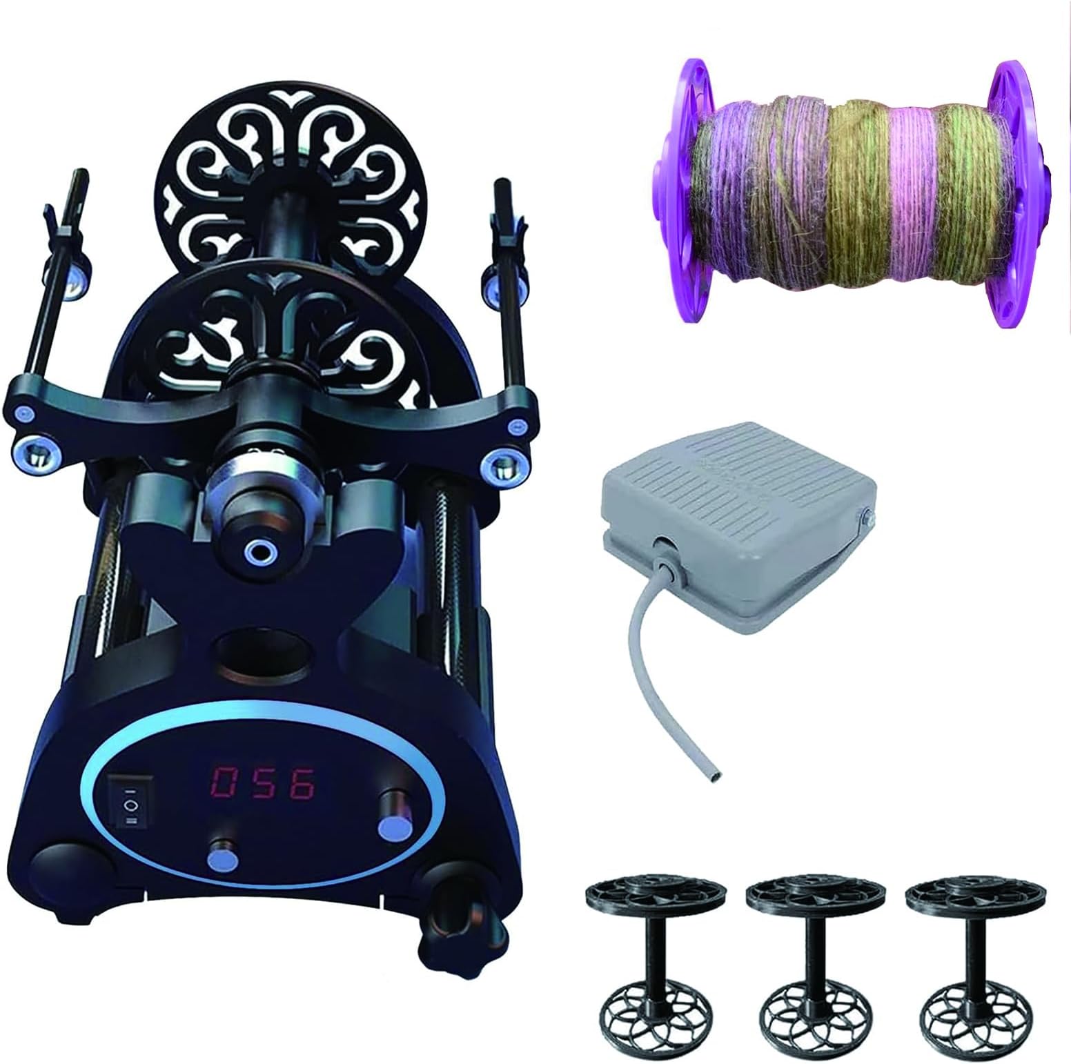 Electric Spinning Wheel - 800RPM Mini Yarn Spinner with Digital Display, Adjustable Speed, Forward & Reverse, 120g & 240g Capacity, 3 Spools for Wool, Cotton & Silk