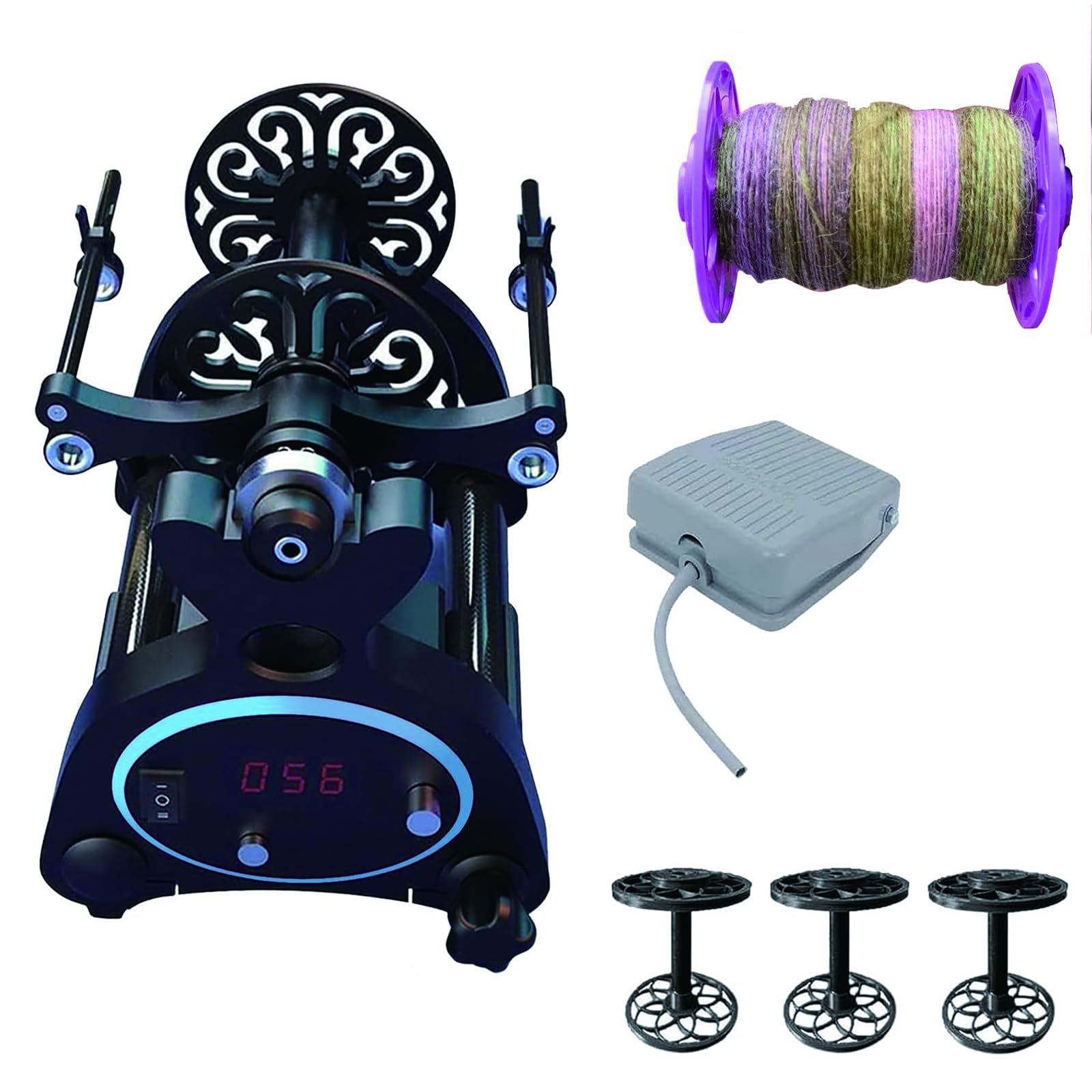 Electric Spinning Wheel - 800RPM Mini Yarn Spinner with Digital Display, Adjustable Speed, Forward & Reverse, 120g & 240g Capacity, 3 Spools for Wool, Cotton & Silk