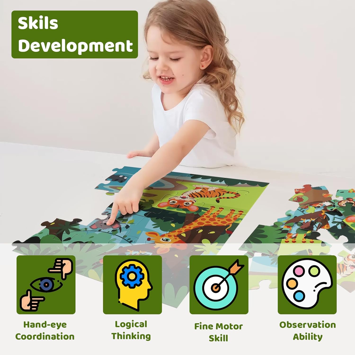 Jumbo Floor Puzzle for Kids, Large Jigsaw Puzzles 48 Piece with Box for Kids Ages 3-5,Preschool Learning & Education Toys, Gifts for 4-8 Year Old Boys and Girls(Jungle Animals)