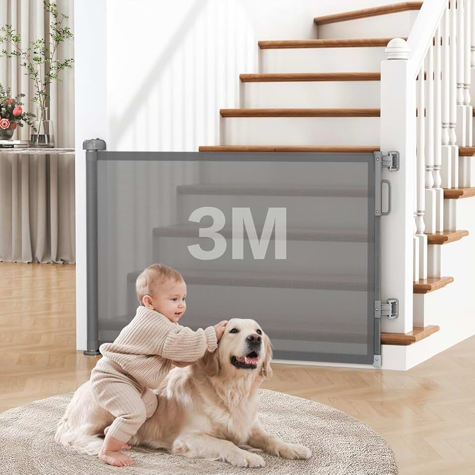 Portão de Segurança Retrátil para Bebês e Pets, 86 cm x 3 m, Tela PVC, cinza
