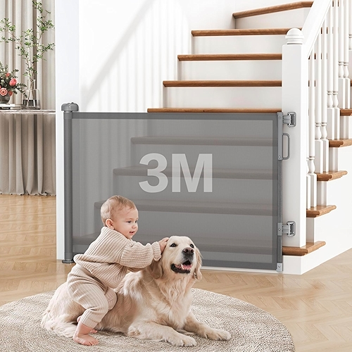 Portão de Segurança Retrátil para Bebês e Pets, 86 cm x 3 m, Tela PVC, cinza Portão de Segurança Retrátil para Bebês e Pets, 86 cm x 3 m, Tela PVC, cinza