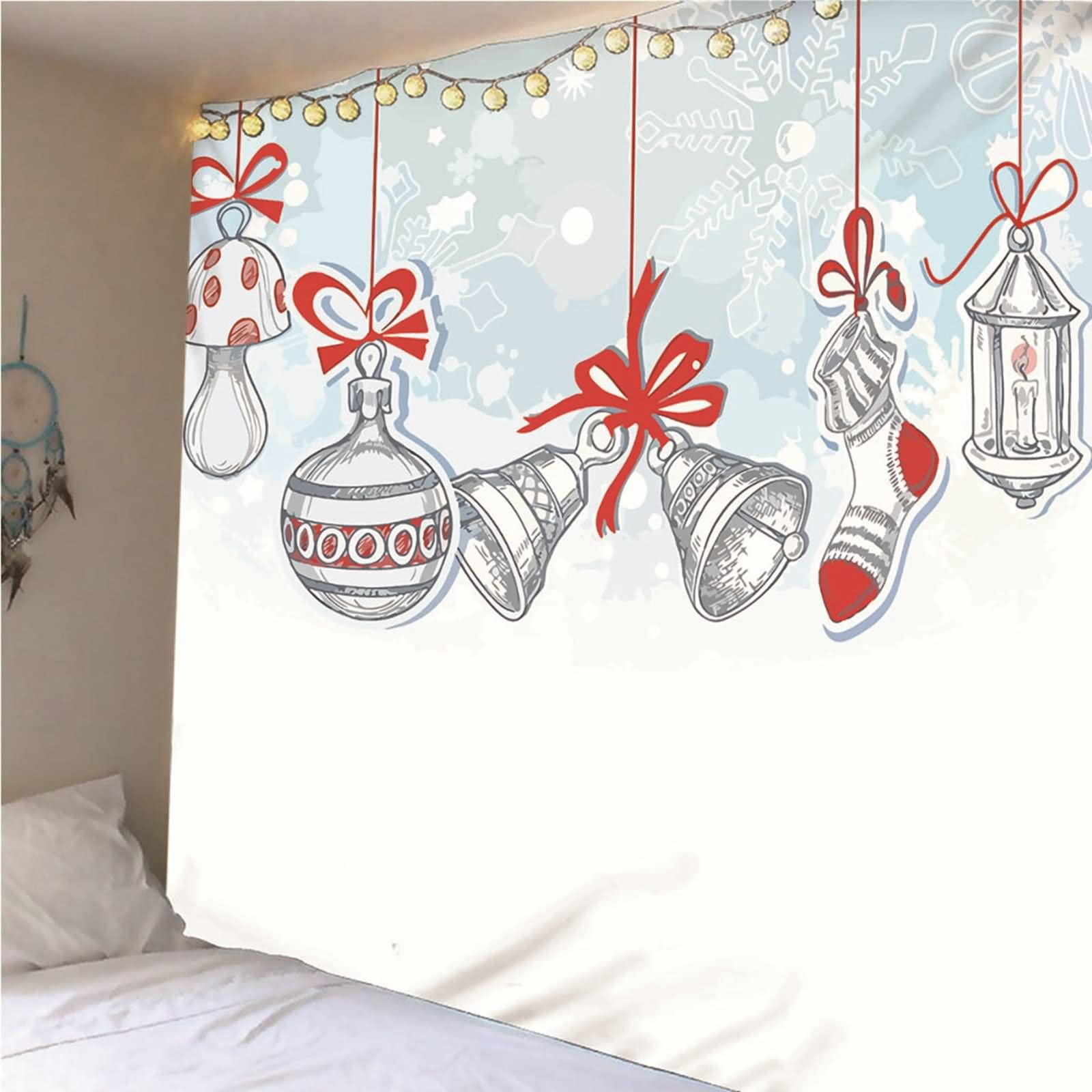 Tapices Salon, Decoración Cocina Pared Patrón de Colgante de Tema Navideño Poliéster Blanco Rojo 210x140CM