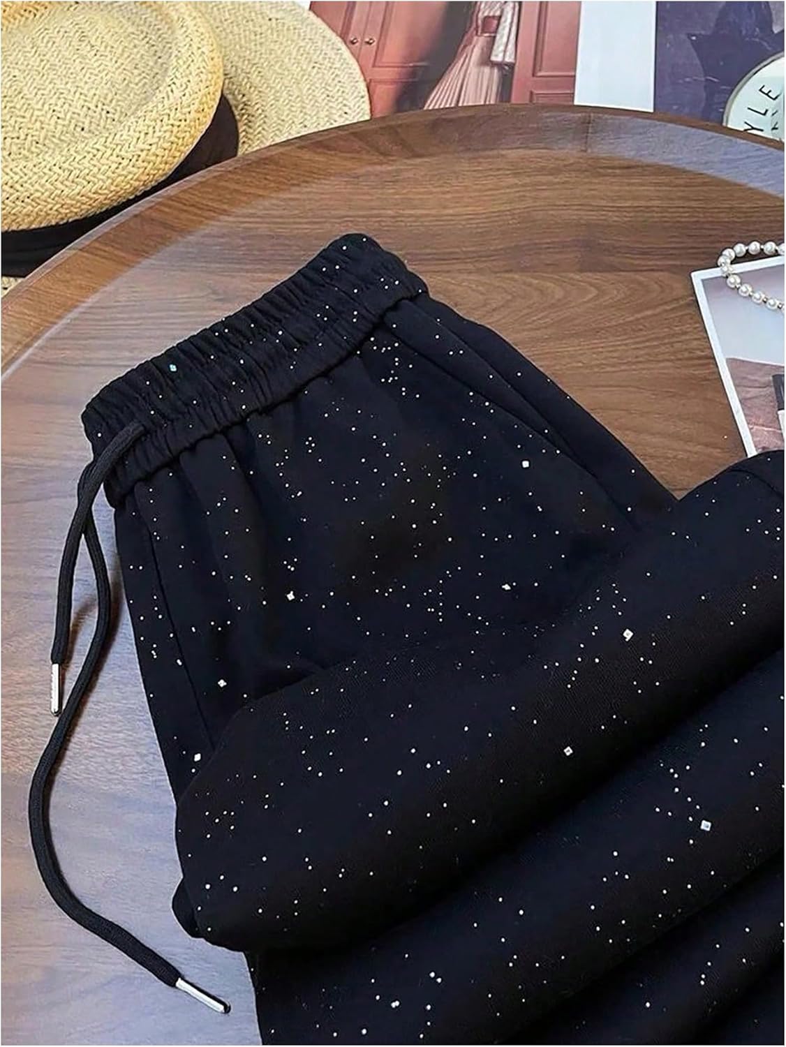 SOLY HUX Women's Glitter Wide Leg Pants Drawstring Elastic Waist Baggy Pants Trousers Streetwear - Image 4