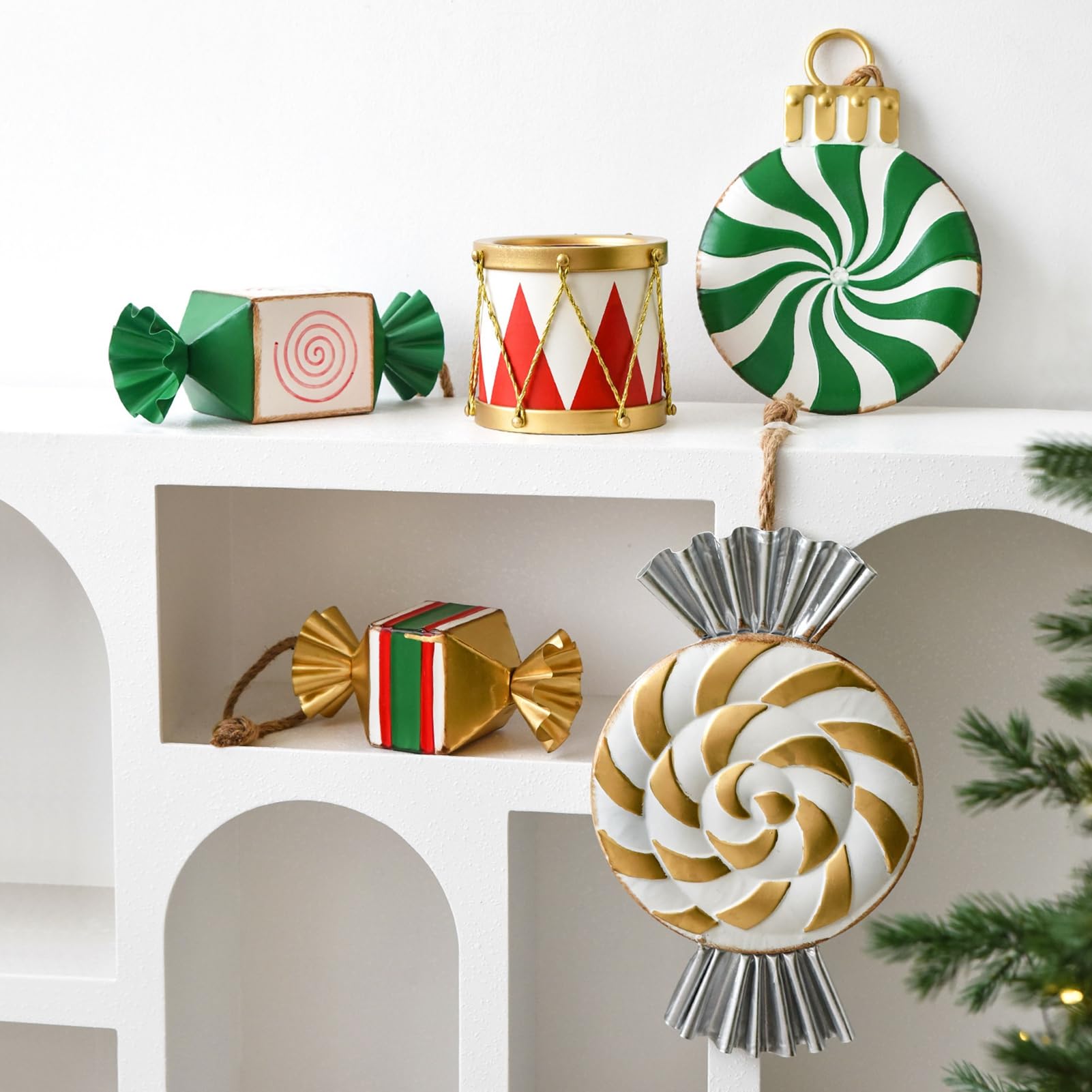 Décoration de Noël en métal à suspendre pour sapin de Noël, boîte cadeau, boîte cadeau, bonbons, fête de vacances, décoration murale, fenêtre, ensemble de présentations rouges, vertes, blanches