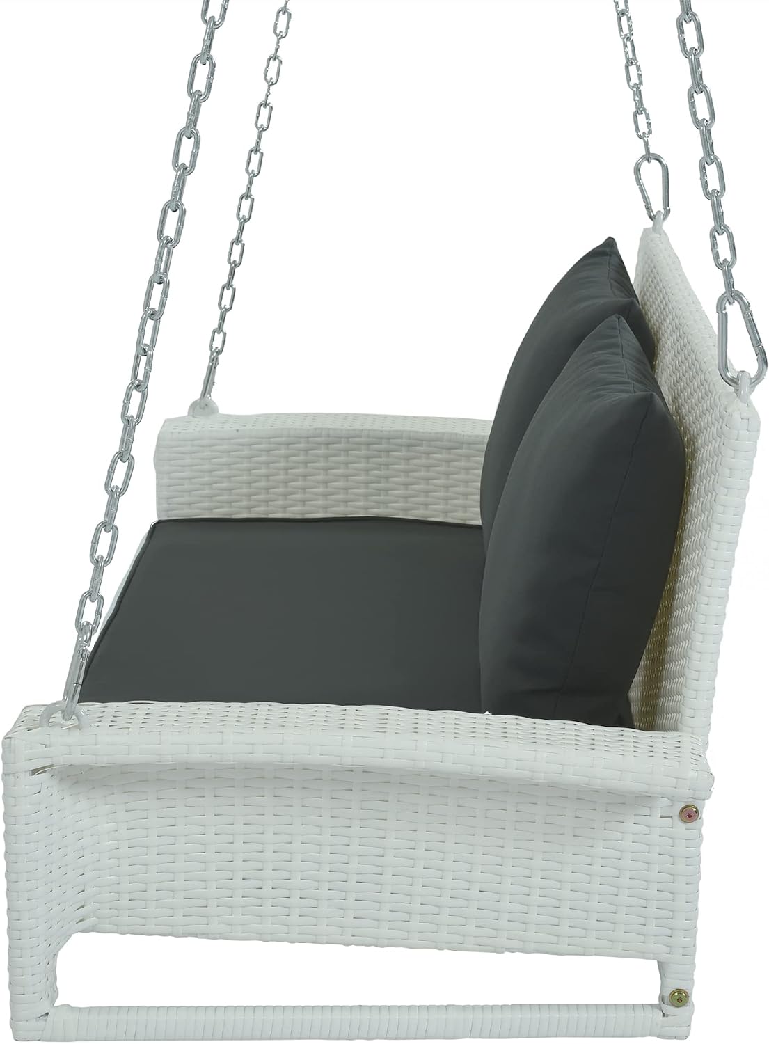 Bellemave 2-Person Patio Porch Swing Bench w/Cushions & Pillows, Outdoor Rattan Swing Chair w/Steel Chains, Wicker Hanging Porch Bench for Deck & Poolside, 50 inch, White with Gray