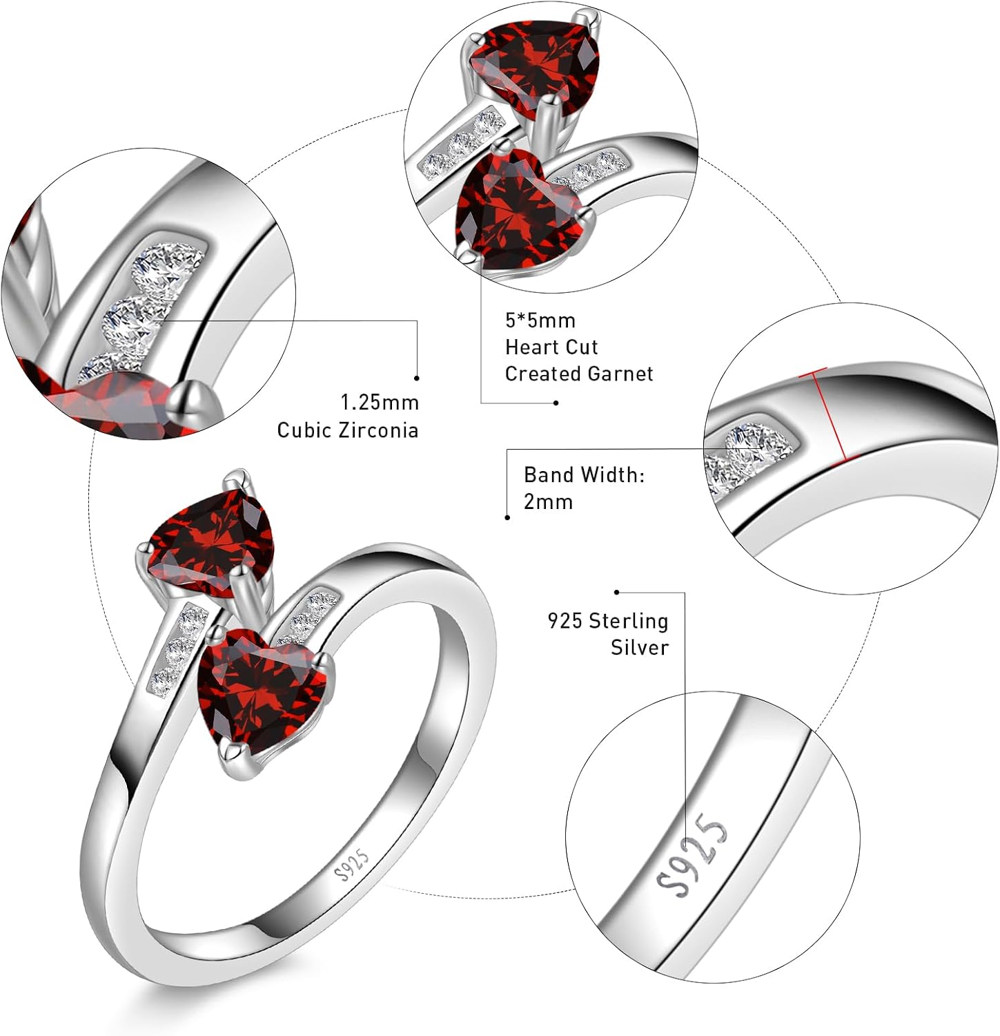Yaresul 1CT Adjustable Women Heart Ring 925 Sterling Silver Birthstone Rings for Women Promise Ring for her Simulated Gemstone Statement Stackable Band Width 2mm Open Size 5~9
