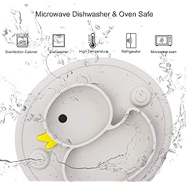 Linowos Baby Divided Plate Silicone- Portable Non Slip Child Feeding Plate with Suction Cup for Children Babies and Kids BPA Free Baby Dinner Plate Microwave Dishwasher Safe  (Duck-Gray)