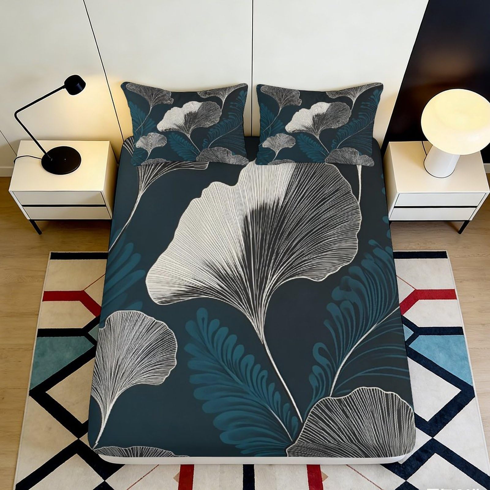 3D Printed Ginkgo Leaf Fitted Sheet Microfiber Soft Dark Botanical Mattress Cover for Bedroom Guest Room Decor 180x200x25cm