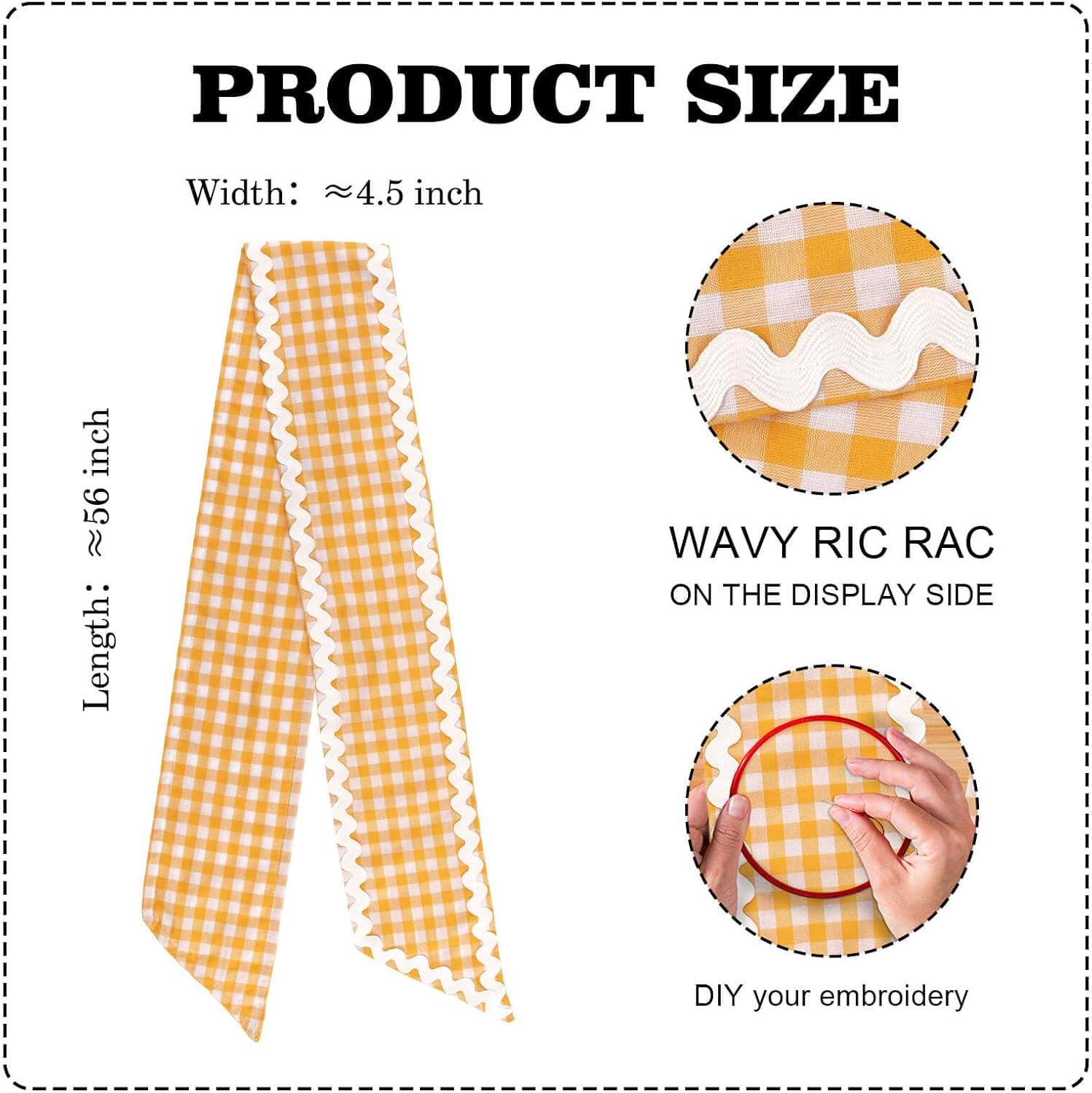 Orange Gingham Wreath Sash for Front Door with Scalloped RIC Rac Trim, 4.5 x 56 Inch Orange Wreath Ribbon for Fall Halloween Thanksgiving Farmhouse Home Decor
