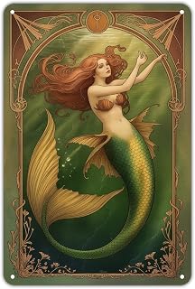 Mermaid Girl Retro Art Nouveau tin sign Vintage Sea Maiden Metal Sign Print Aesthetic for Garden Yard Bar Porch Home Bedroom Kitchen Wall Decor Decor Gift 8 x 12 inch