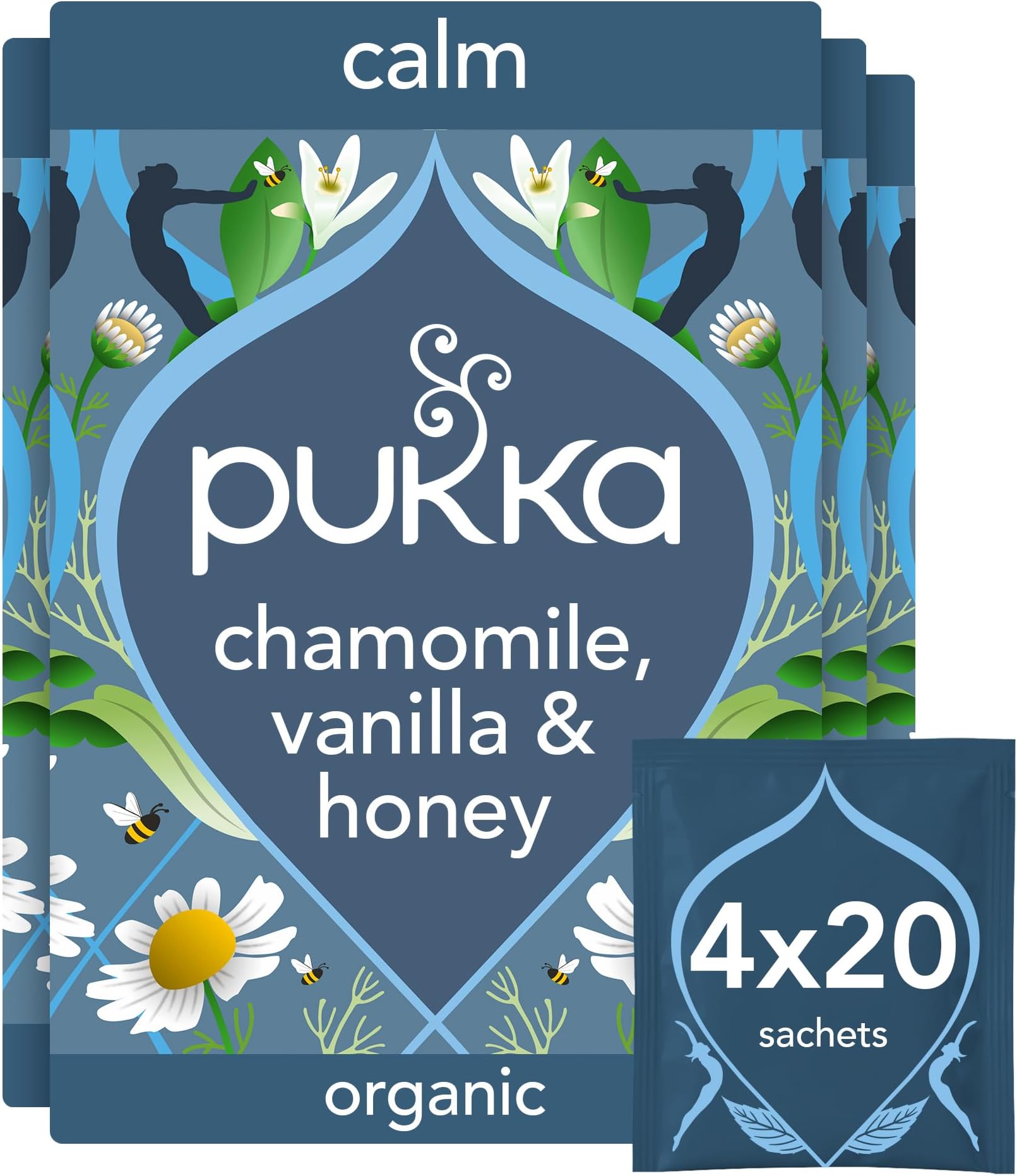 Pukka Herbs | Chamomile, Vanilla and Manuka Honey Organic Herbal Tea Box | Infusion With Licorice & Fennel | Perfect For Calming | Caffeine Free | 4 Packs | 80 Plant Based Biodegradable Tea Bags