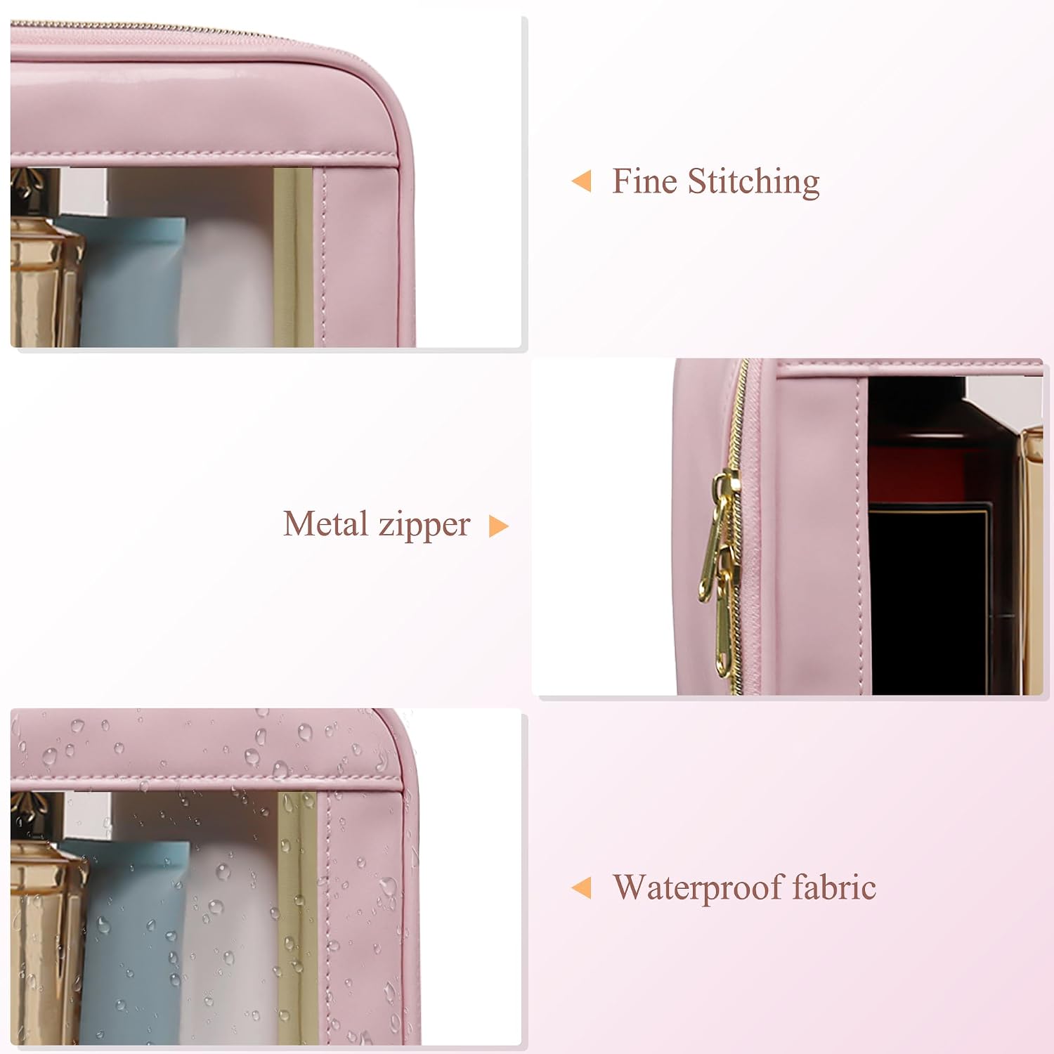 3-Piece Travel Clear Makeup Bag Set, Small Cosmetic Bag with Makeup Brush Case, Leather Waterproof TSA Approved Toiletry Bag with Zipper, Car Organization for Women (Pink-2, Mini+Slim+Medium)