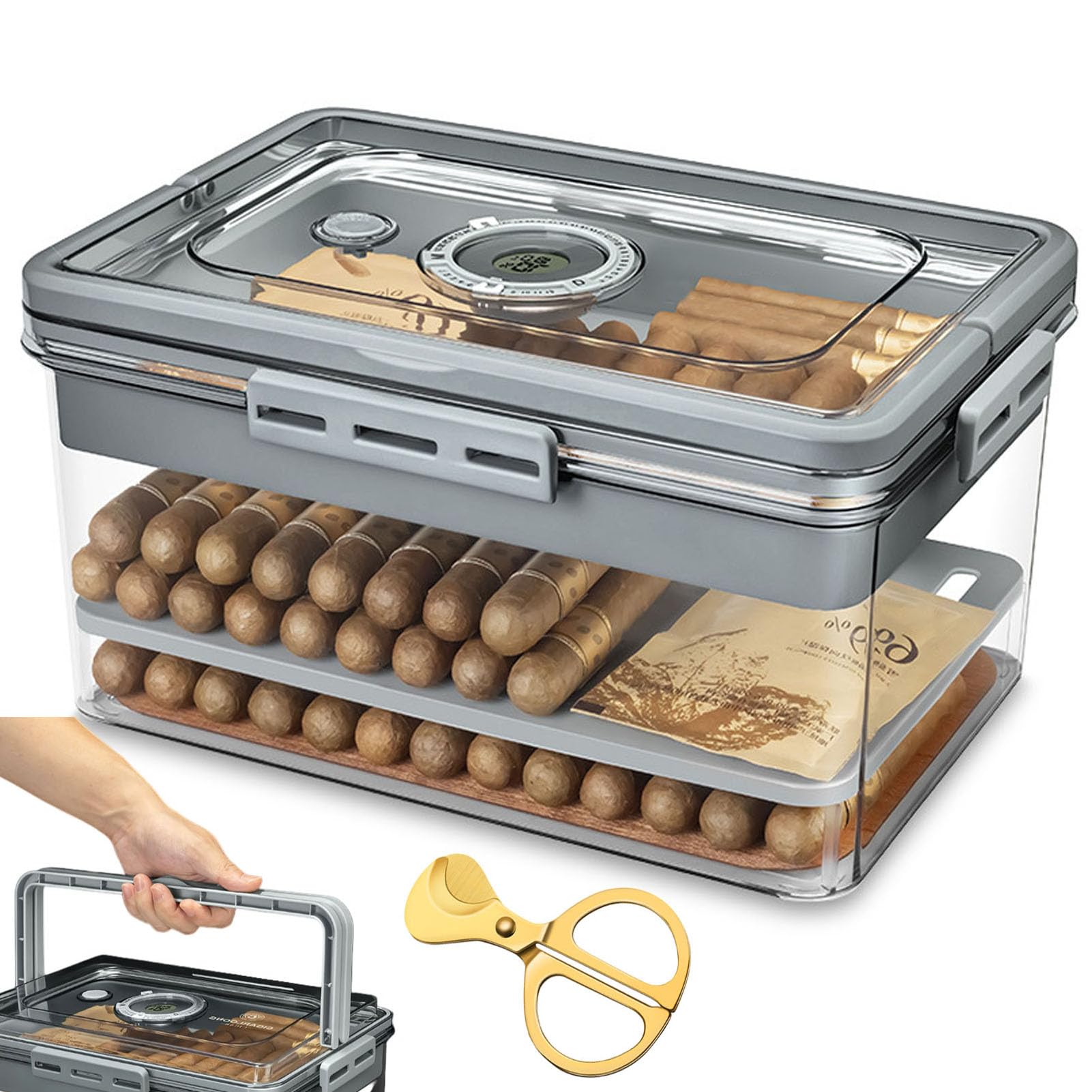 Humidor per Sigari, Trasparente Scatola Portasigari con Mensole in Legno di Cedro E Igrometro, Custodia da Viaggio in Legno di Cedro con CoperchioClear,One Size