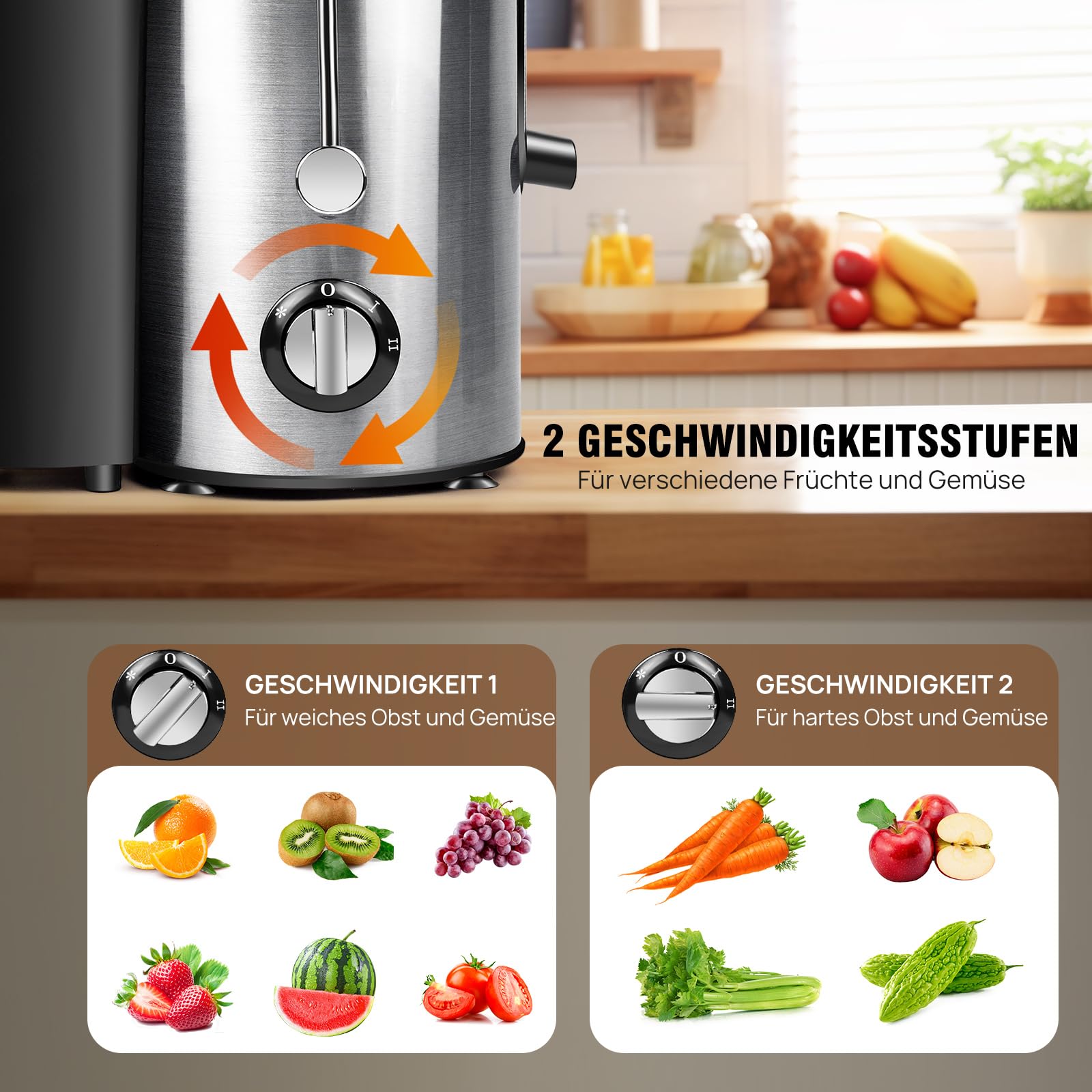 400W Entsafter, 500ml Große Saftauslauf mit Einfüllschacht, Leise und Easy-Clean, BPA-Frei für Obst und Gemüse, Silber