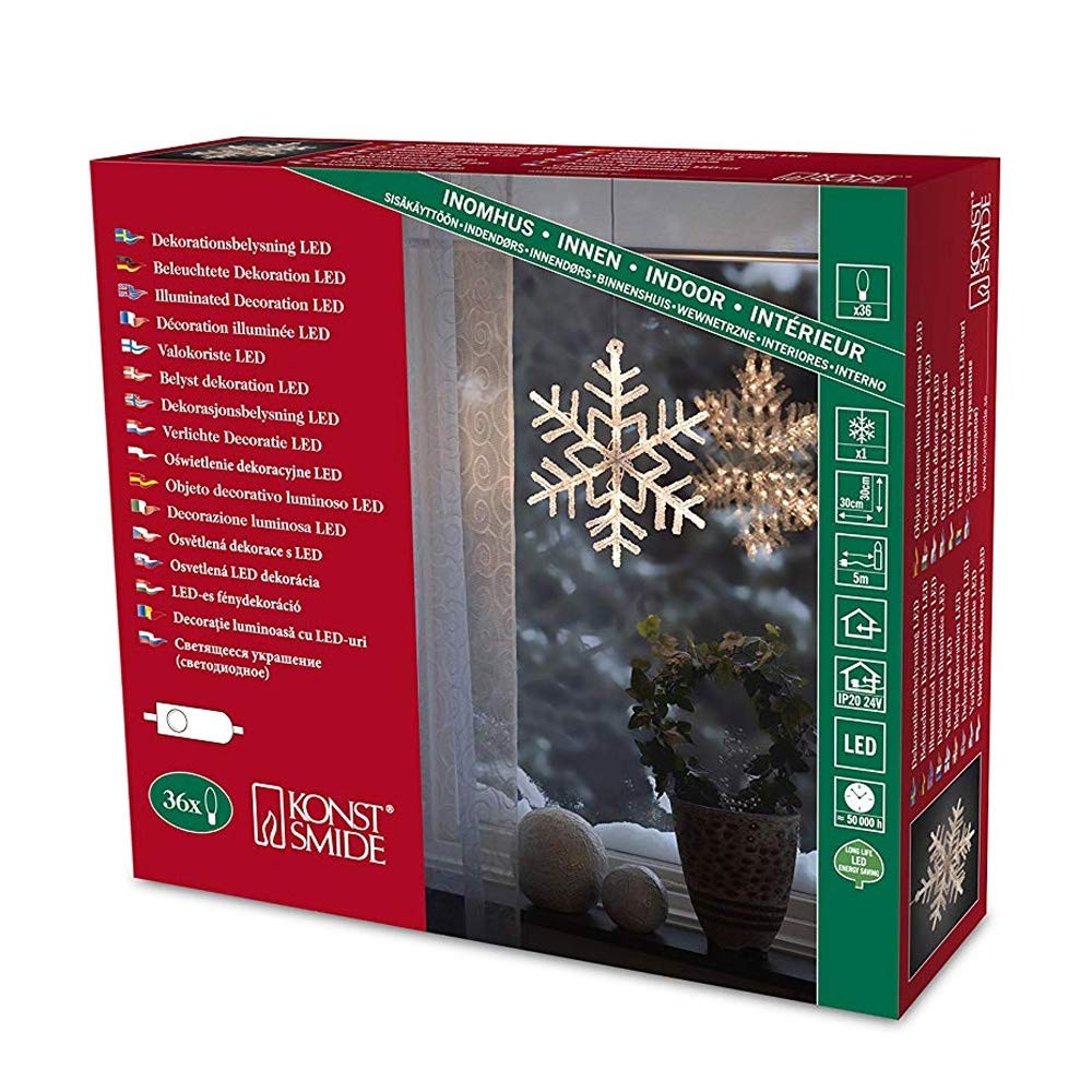 Konstsmide Hanging Acrylic Snowflake : 30cm : 36 Warm White LEDs : 4446-103