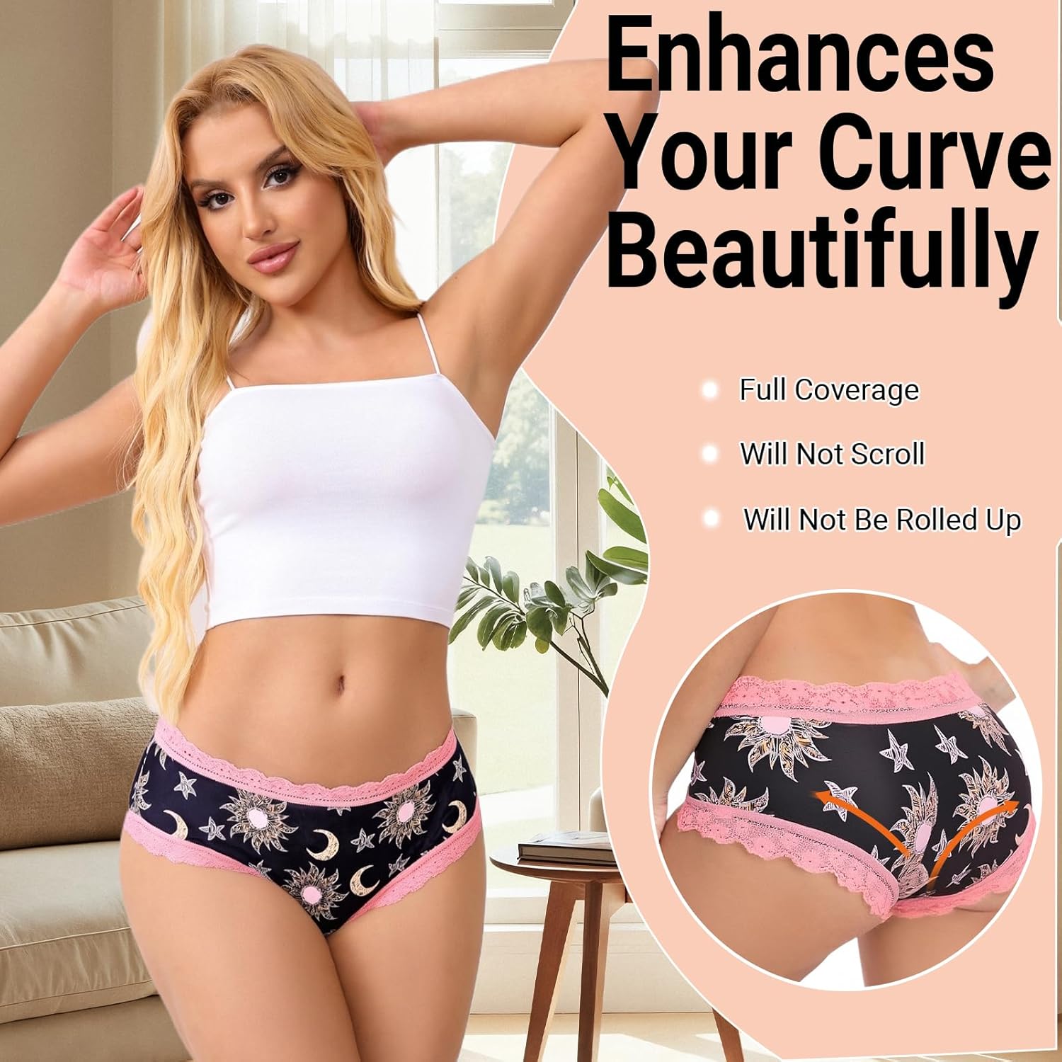 Women's Gothic Lace Hipster Panties 5~6Pack:Moon Eyes Mystical Print,Black Low Rise Bikini Soft Comfy Sexy Underwear - Image 3