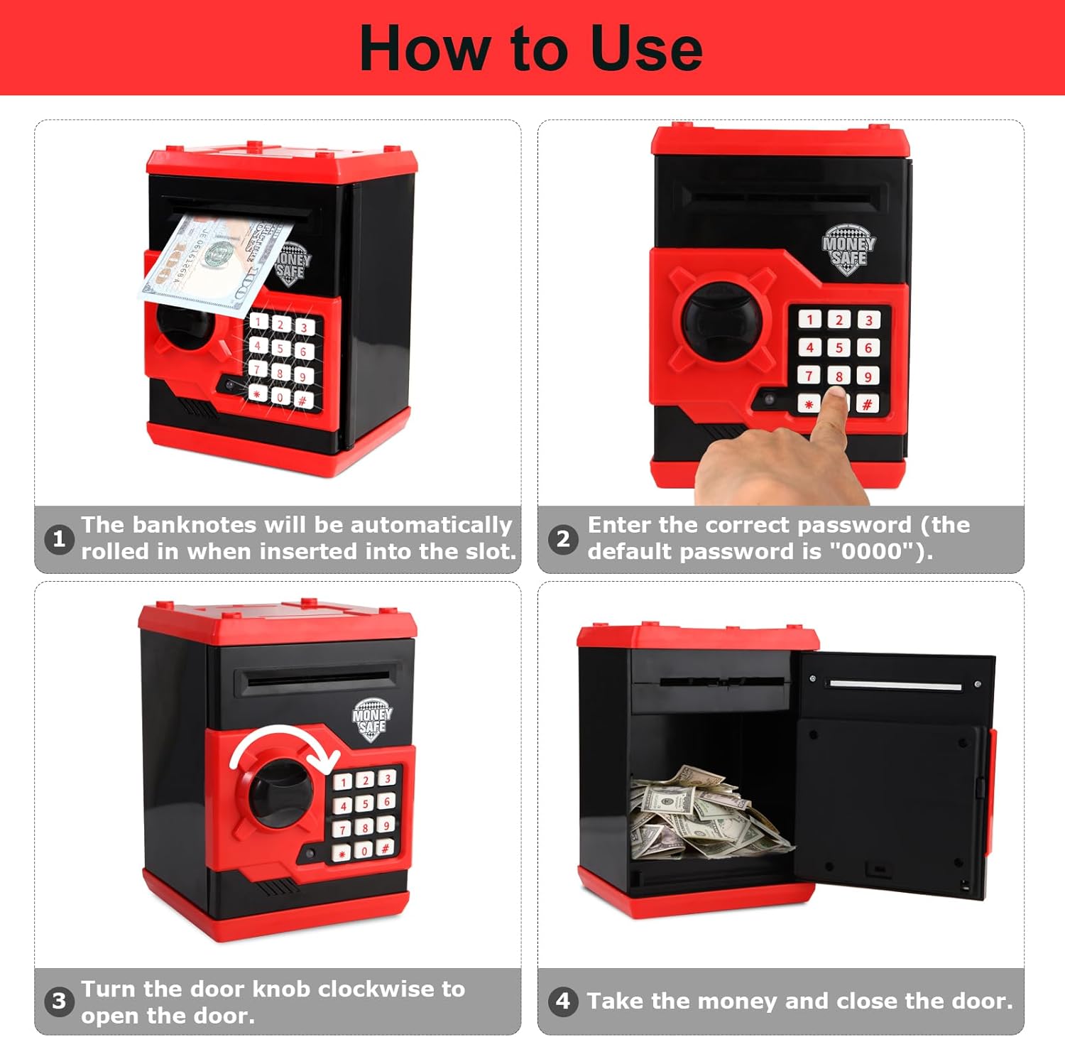 Pup Go ATM Piggy Bank for Kids Ages 3-12, Electronic Kids Safe with Password, Large Capacity Coin & Cash Box, Money Saving Box Toy Birthday Gifts for 3 4 5 6 7 8 9 10 11 12 Year Old Boys Girls (Red)