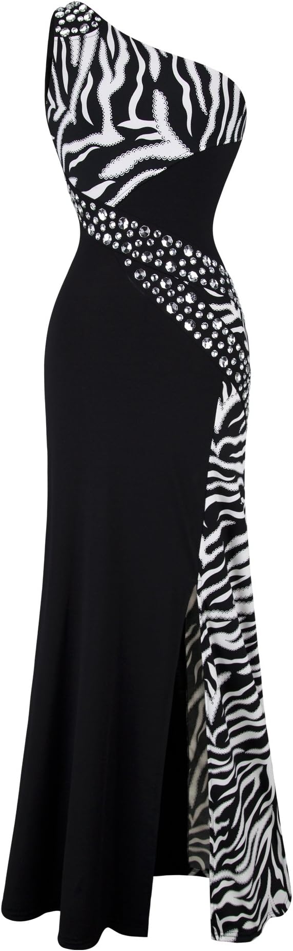 Angel-fashionsWomen's One Shoulder Evening Dress Zebra Beading