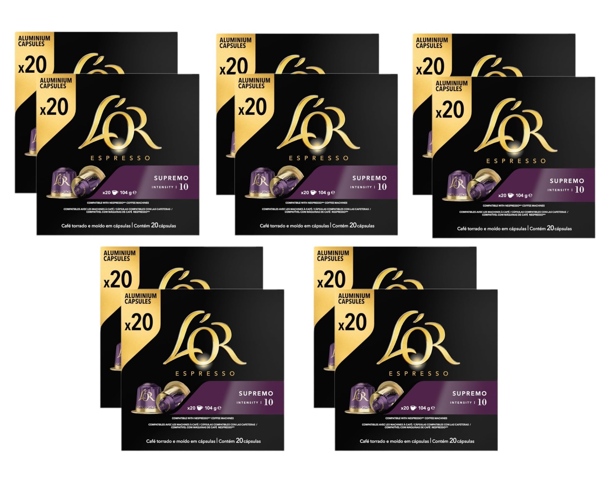 L'OREspresso Supremo Coffee Pods Nespresso Compatible Aluminium Capsules, Intensity 10 (Pack of 10, Total 200 Pods)