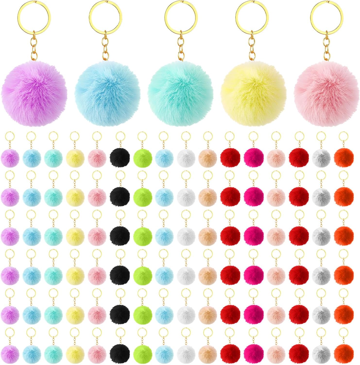 100 Pcs Colorful Pom Poms Keychains Fluffy Ball Bag Keychain Faux Fur Keyring Christmas Party Gifts Bulk Pink Backpack Charms Accessory for Women for Handbag Tote Bag Pendant Purse