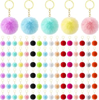 100 Pcs Colorful Pom Poms Keychains Fluffy Ball Bag Keychain Faux Fur Keyring Christmas Party Gifts Bulk Pink Backpack Charms Accessory for Women for Handbag Tote Bag Pendant Purse