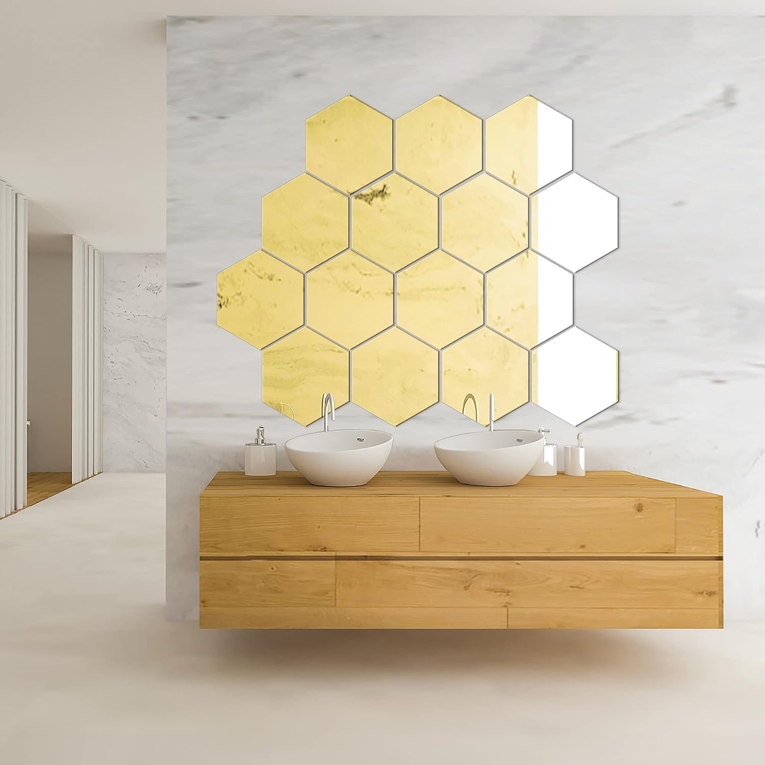 NL Sky Removable Large Size Acrylic Hexagon Mirror Wall Sticker,Self-Adhesive Tiles, 3D Hexagonal, Non-Glass, for Home Bedroom Living Room Decor (15 Pcs Gold,6.88 x 6.02 x 3.54 inches)…