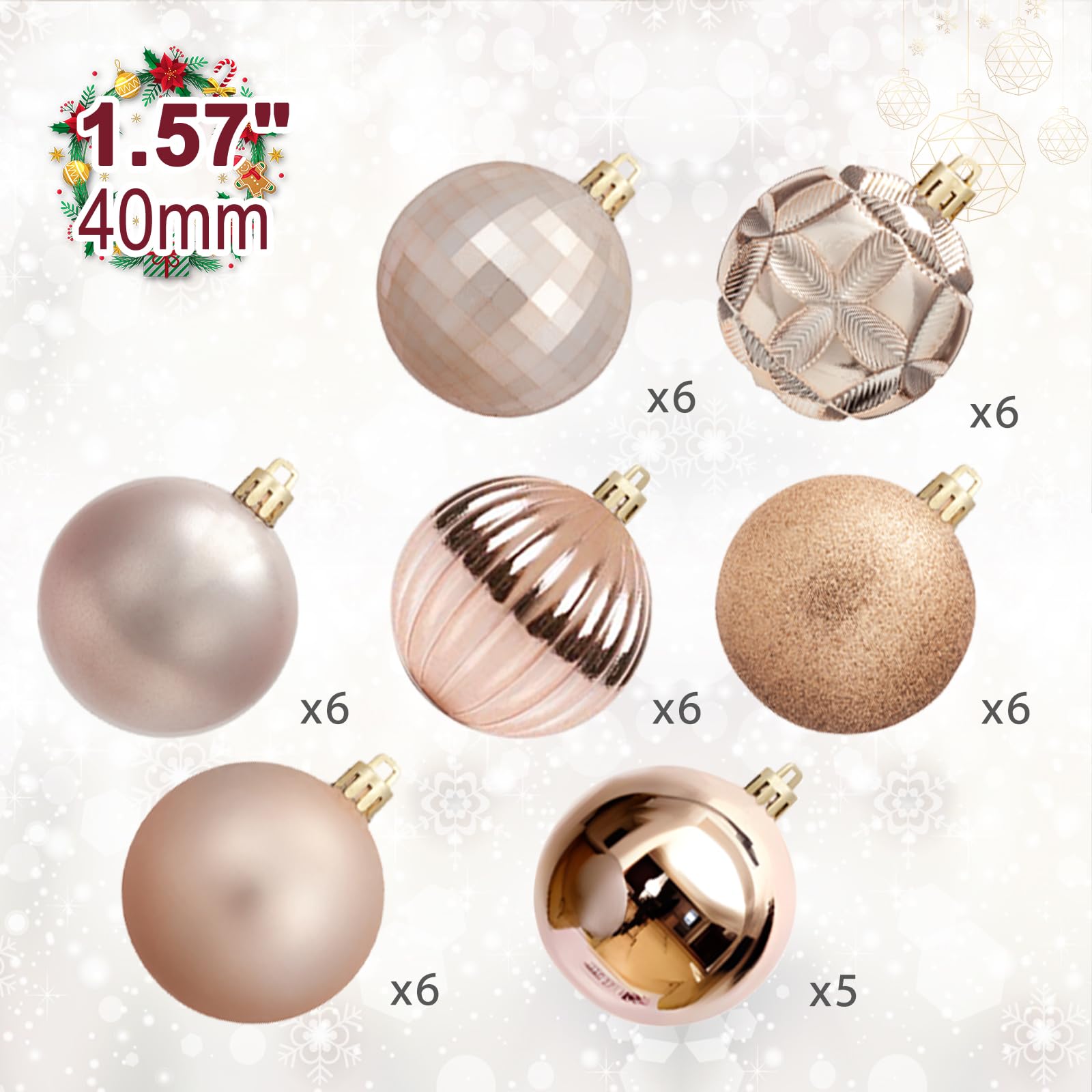 Luxtea 41ct Small Christmas Balls Shatterproof Hanging Decorations Set for Xmas Tree Garland Ornaments (1.57''/40mm,Champagne)