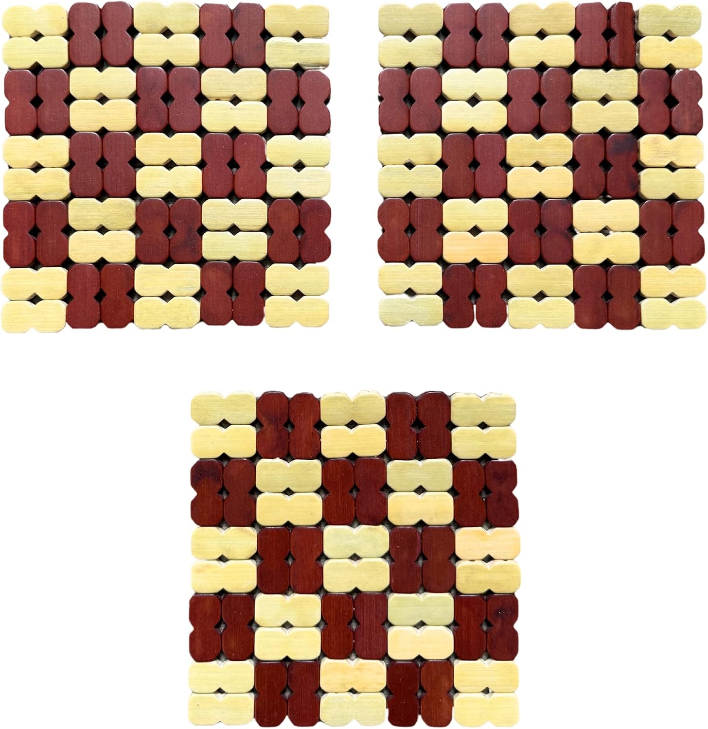 Set of 3 Square Bamboo Trivet Mats Heat-Resistant Pads for Kitchen Counter & Table Protection – Coasters for Hot Dishes, Pots, Pans, Teapots & Plates - Red-Brown and Light Bamboo L6.25 x W6.25