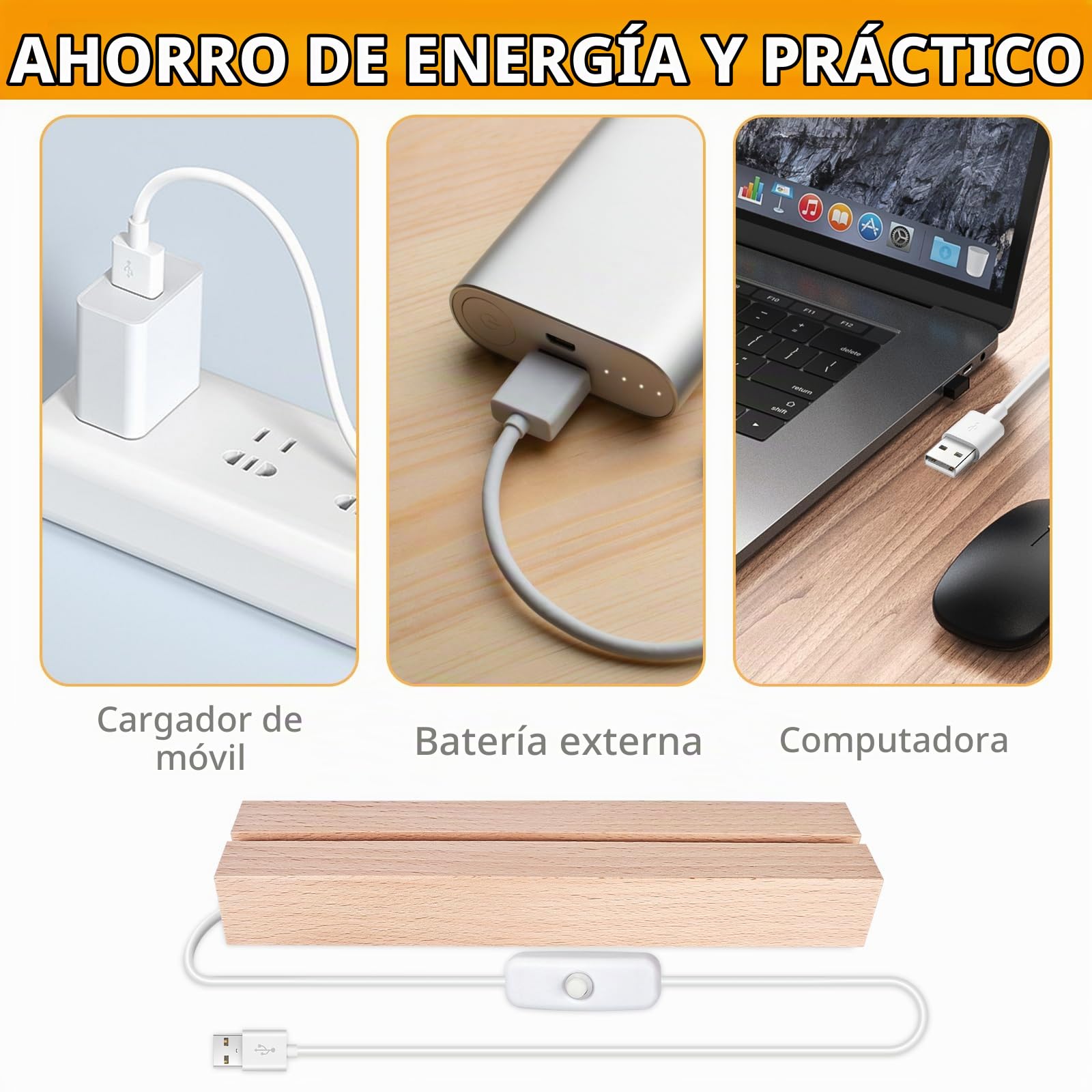 BORDEAG Base de Exhibición de Luces LED, 4 Piezas Base de Madera con Luz Led, Base de Madera Rectangular con USB para Placa Acrílica, Placa de Cristal, 15 cm de Largo, Blanco Cálido