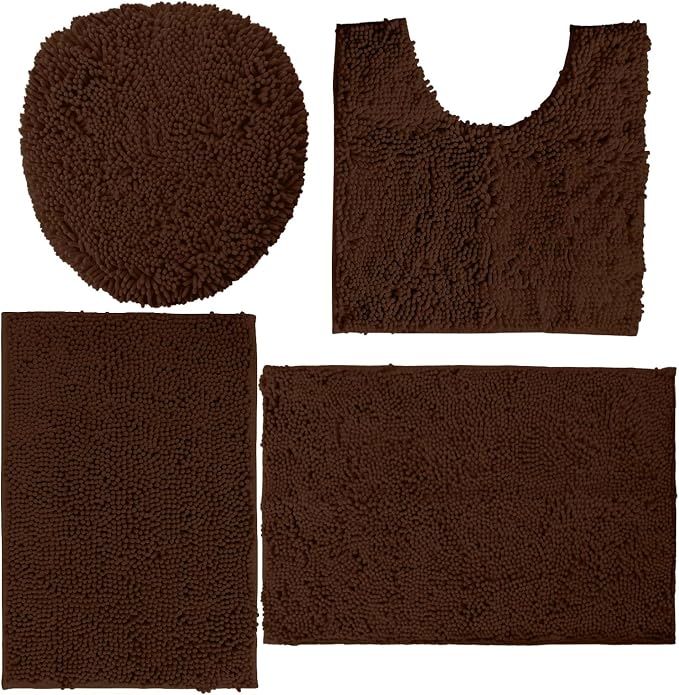LuxUrux Bathroom Rugs Sets 4 Piece - Non-Slip Shaggy Chenille Mat Set - Includes U-Shaped Contour Toilet Mat, Lid Cover, 20x30'' and 16x24'' Bath Mat - Cream
